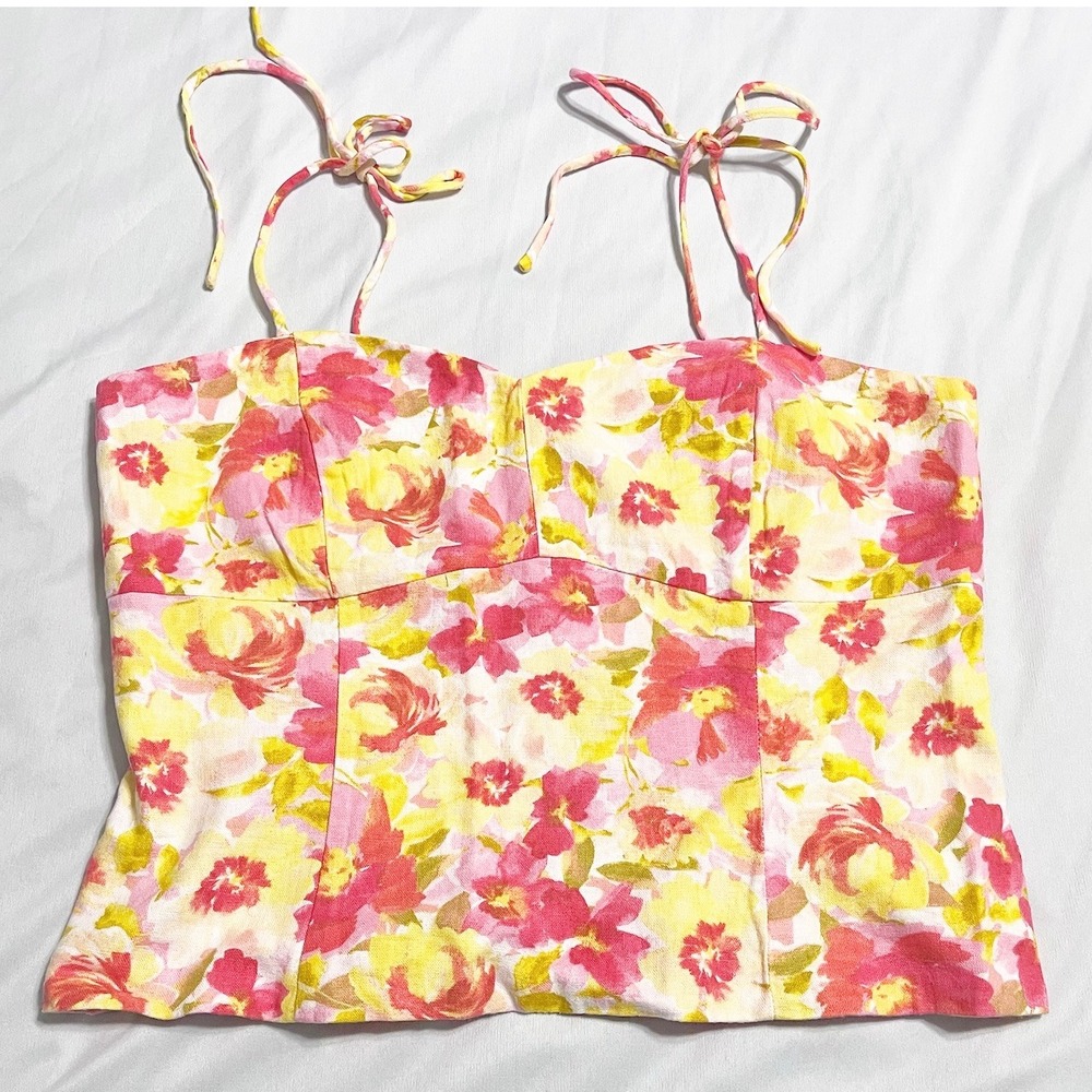 Old Navy Tropical Floral Tie Strap Linen‎ Blend Cami Top Womens Size M Smocked